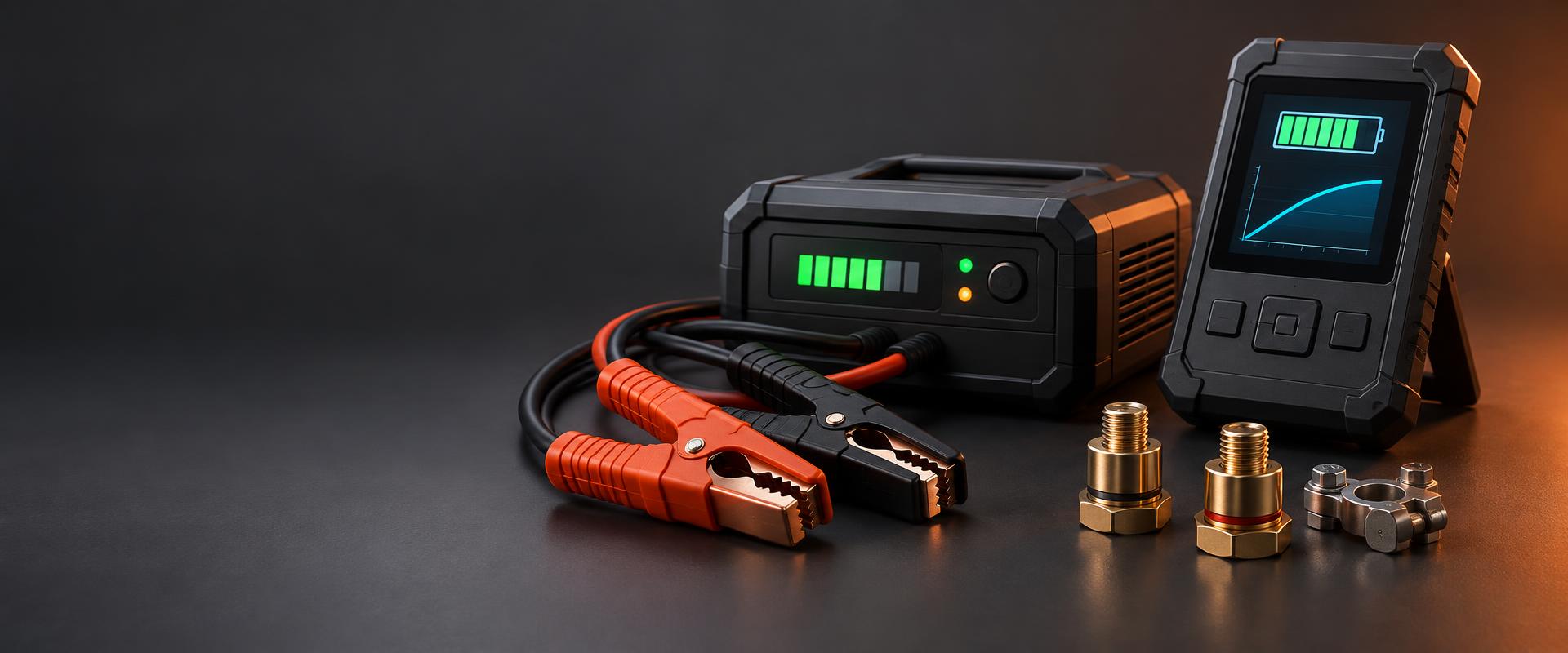 Battery charger with orange and black clamp leads beside an upright battery tester and brass terminal posts on dark slate